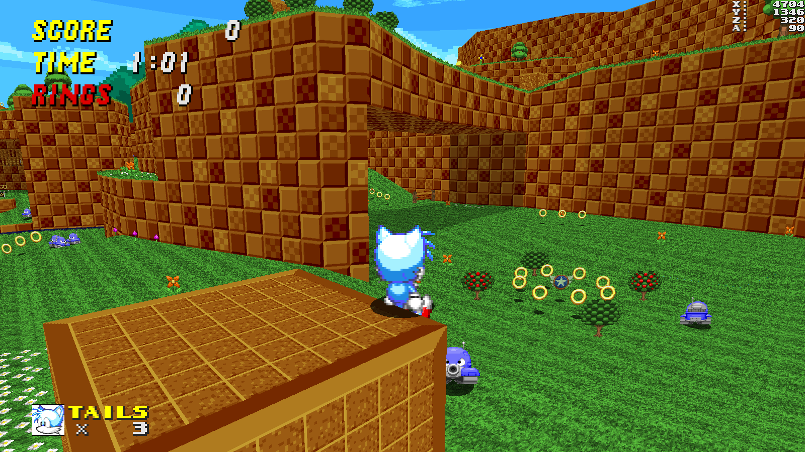 Tails sitting on a tall block in Greenflower Zone Act 1. He doesn't have his tails.