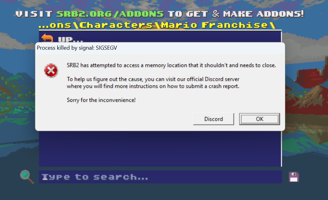 The addon I was trying to load was the Mario Bros. addon btw.