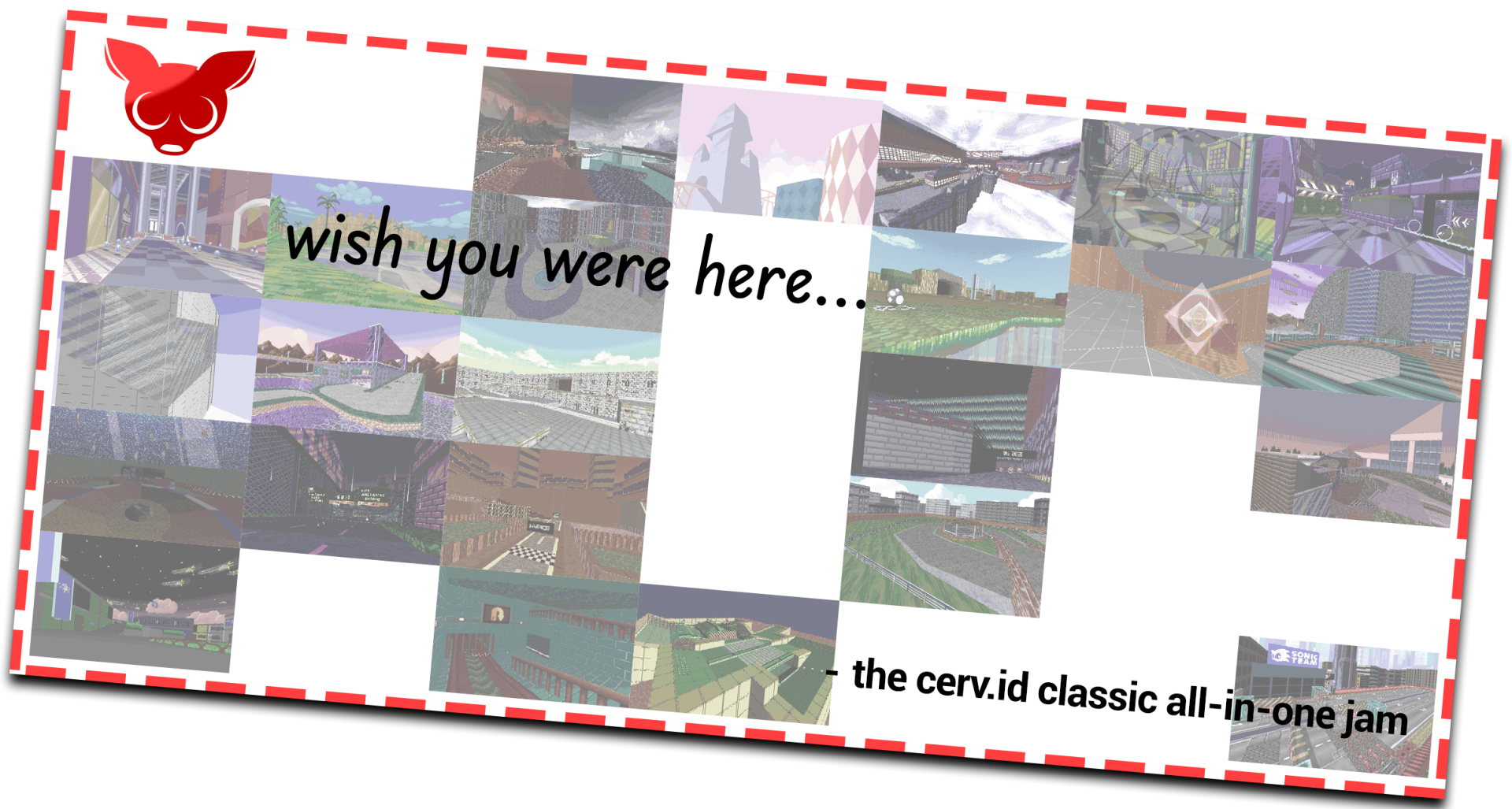 A white postcard with a red dashed border. The upper left corner has the cerv.id symbol, and the background contains faded images of the all-in-one jam maps. The postcard reads wish you were here... the cerv.id classic all-in-one jam