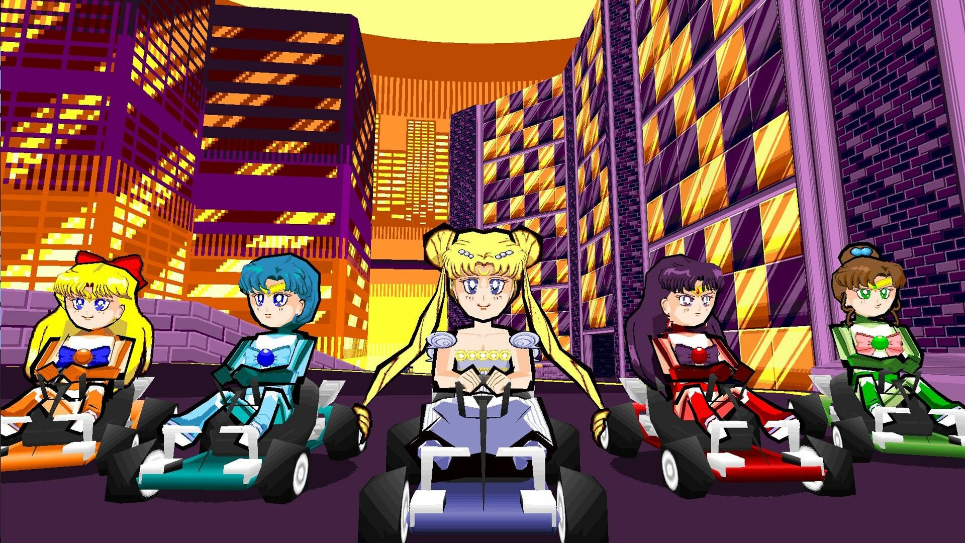 3D models for Sailor Moon (Princess Serenity), Sailor Mercury, Sailor Mars, Sailor Jupiter and Sailor Venus Racers posing for a picture on the Penthouse Plaza Zone course for SRB2Kart.