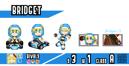 Sprite showcase of a Ring Racers mod of Bridget from Guilty Gear, showcasing her idle sprites, her look back sprite, her dead sprite, her goalpost, as well as her working design goalpost. It also showcases her three icons, as well as her rivals: Amy, Aigis, and Tails Doll.