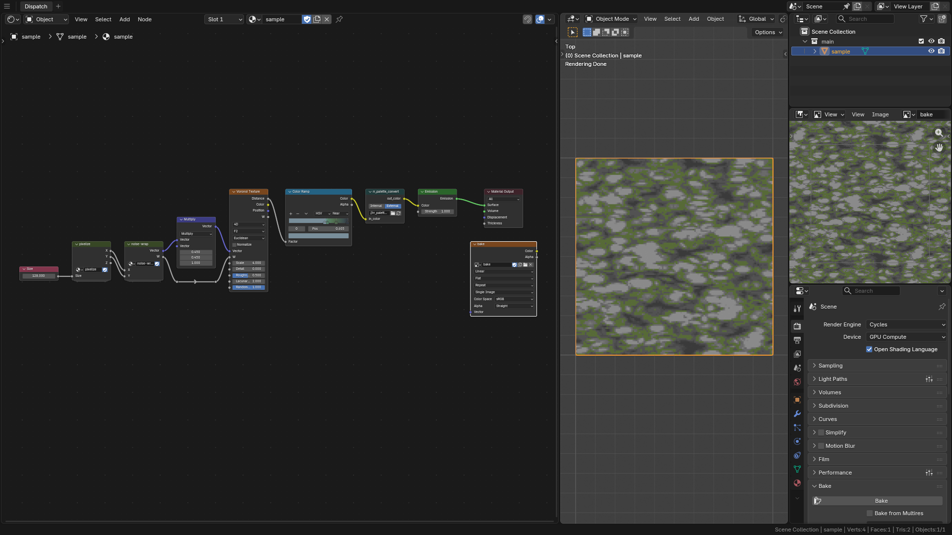 Blender shader nodes output a mossy pixelated stone texture.