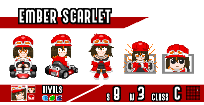 Sprite showcase of a Ring Racers mod of an OC named Ember Scarlet, showcasing her idle sprites, her look back sprite, her dead sprite, her goalpost, as well as her working design goalpost. It also showcases her three icons, as well as her rivals: Bridget, Surge, and Metal Sonic.