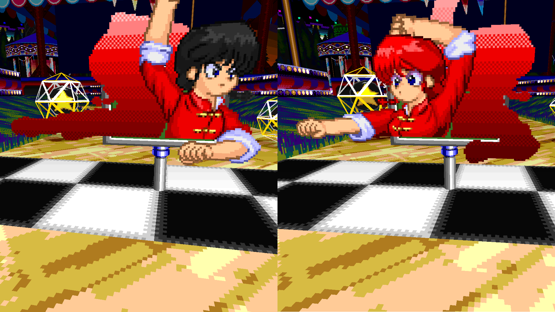 Ranma's end of race signpost when he finishes first place. Depending on which gender is chosen by the player, that gender will be represented on the end of level signpost art regardless of which gender is active in game.