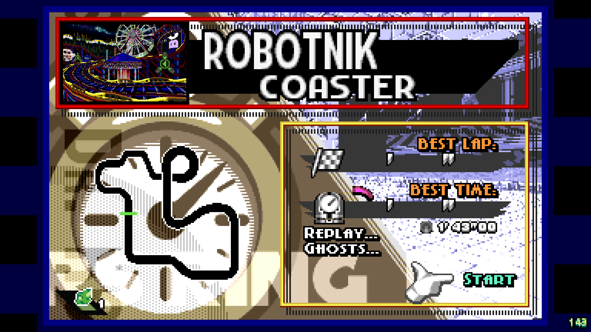 An image of the course selection screen for Robotnik Coaster in time attack mode. It displays a minimap, best times, and options for replays and ghosts.
