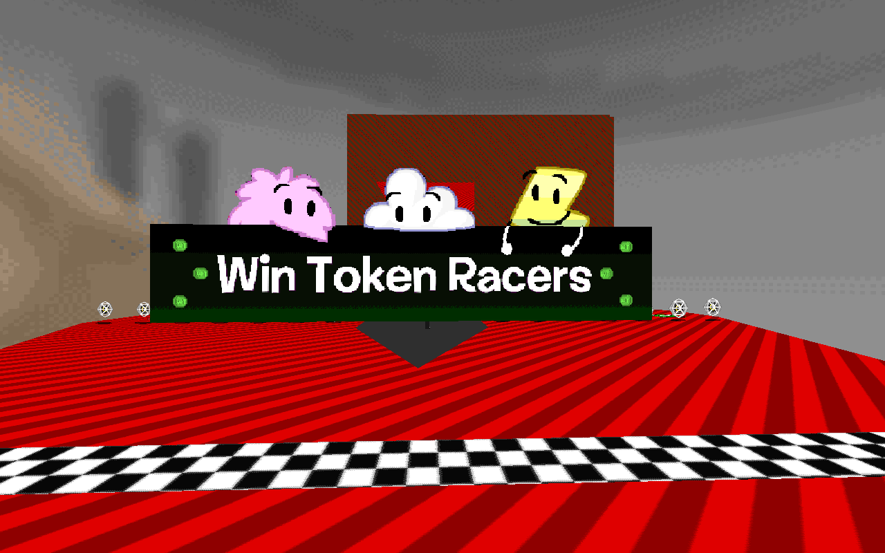 Puffball, Cloudy, and Lightning carrying the new Win Token Racers banner