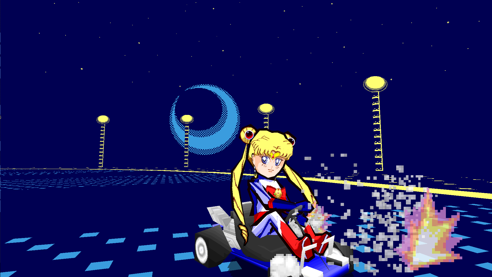 Sailor Moon Racer drifting and facing the camera on the course Three Color Drive