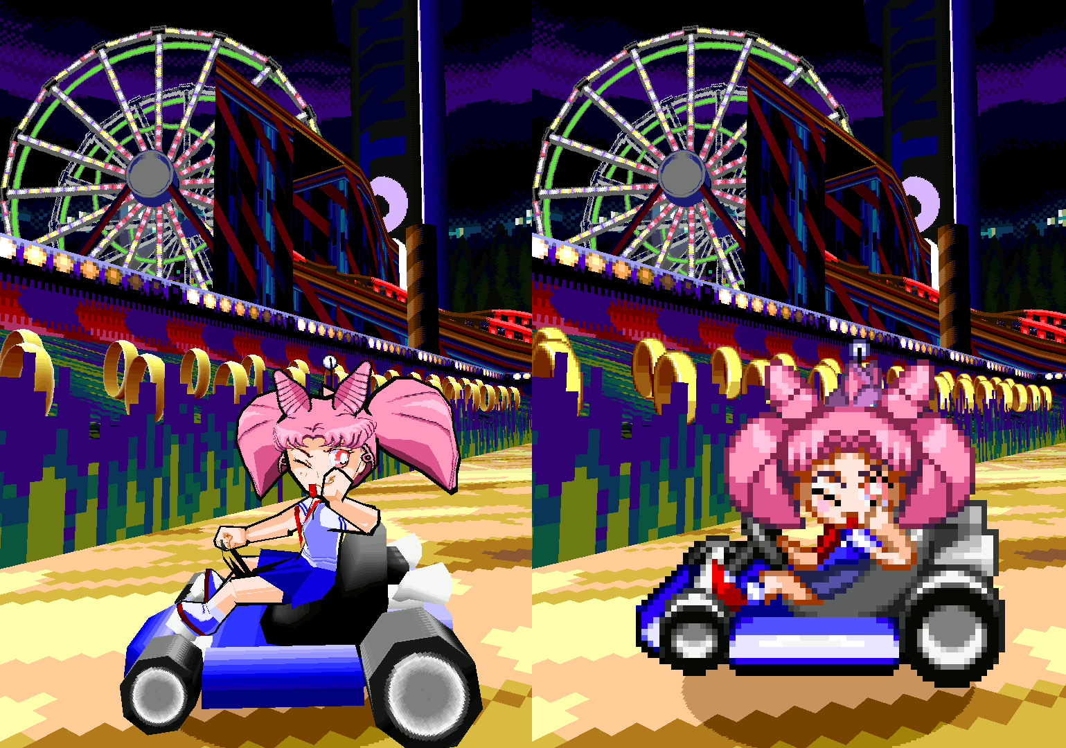 Chibi-Usa in Dr. Robotnik's Ring Racers showing a leer animation demonstrated with both a 3D model and 2D sprite art on the race course Robotnik Coaster.