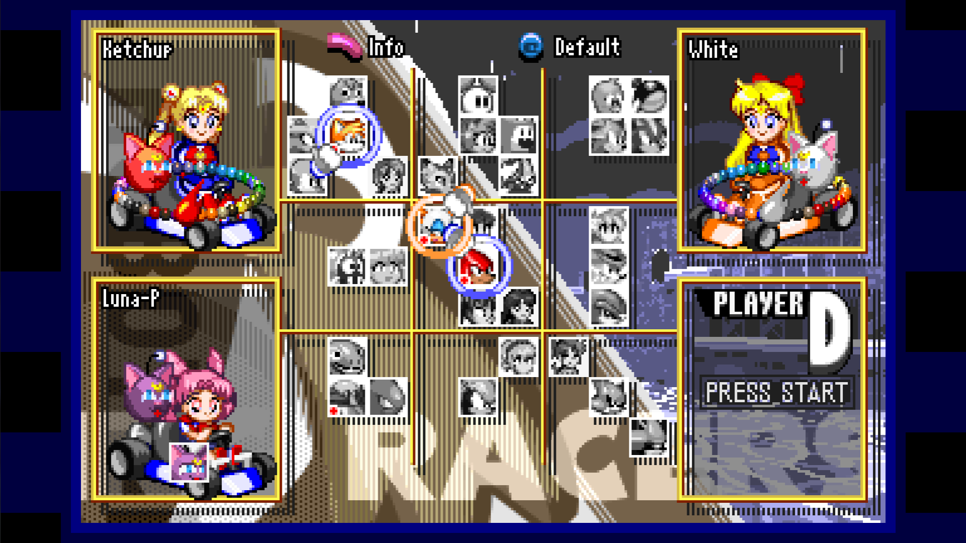 Character select screen in Dr. Robotnik's Ring Racers showing players choosing Sailor Moon characters while adjusting options for the Luna-P follower.