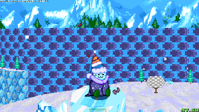 Huggert wearing a birthday hat as confetti rains down on him in Frozen Hillside Zone.